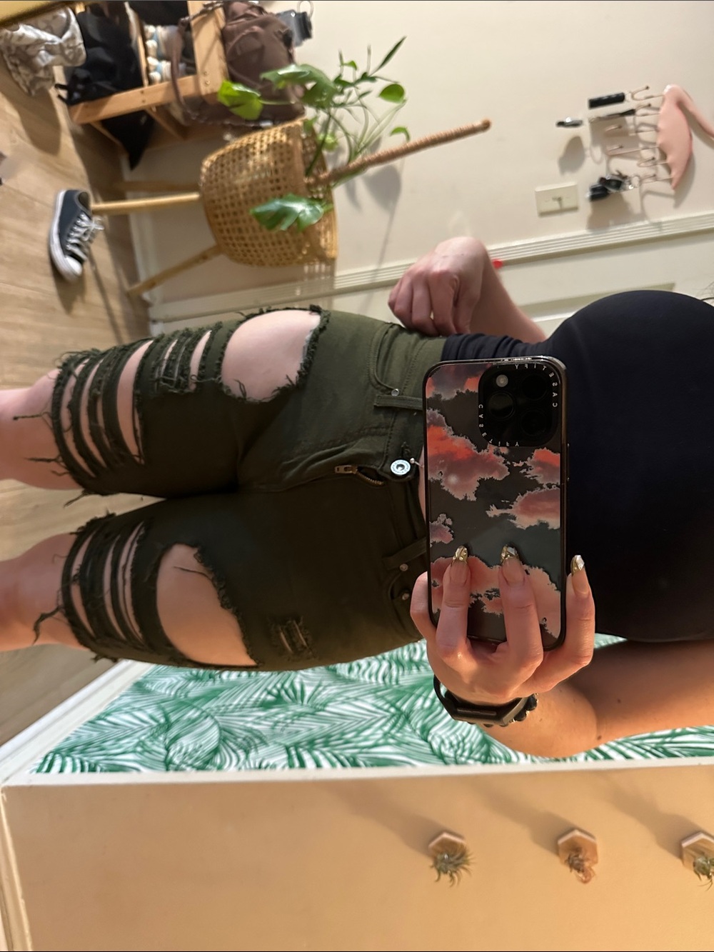 High-Waist Olive Green Distressed Denim Shorts